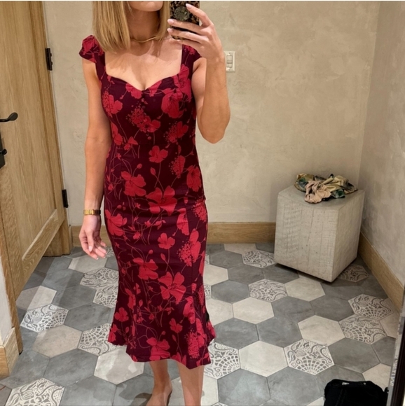Maeve by Anthropologie Cecily Sweetheart Midi Dress Red Floral Fit & Flare SZ Lg - Picture 3 of 16